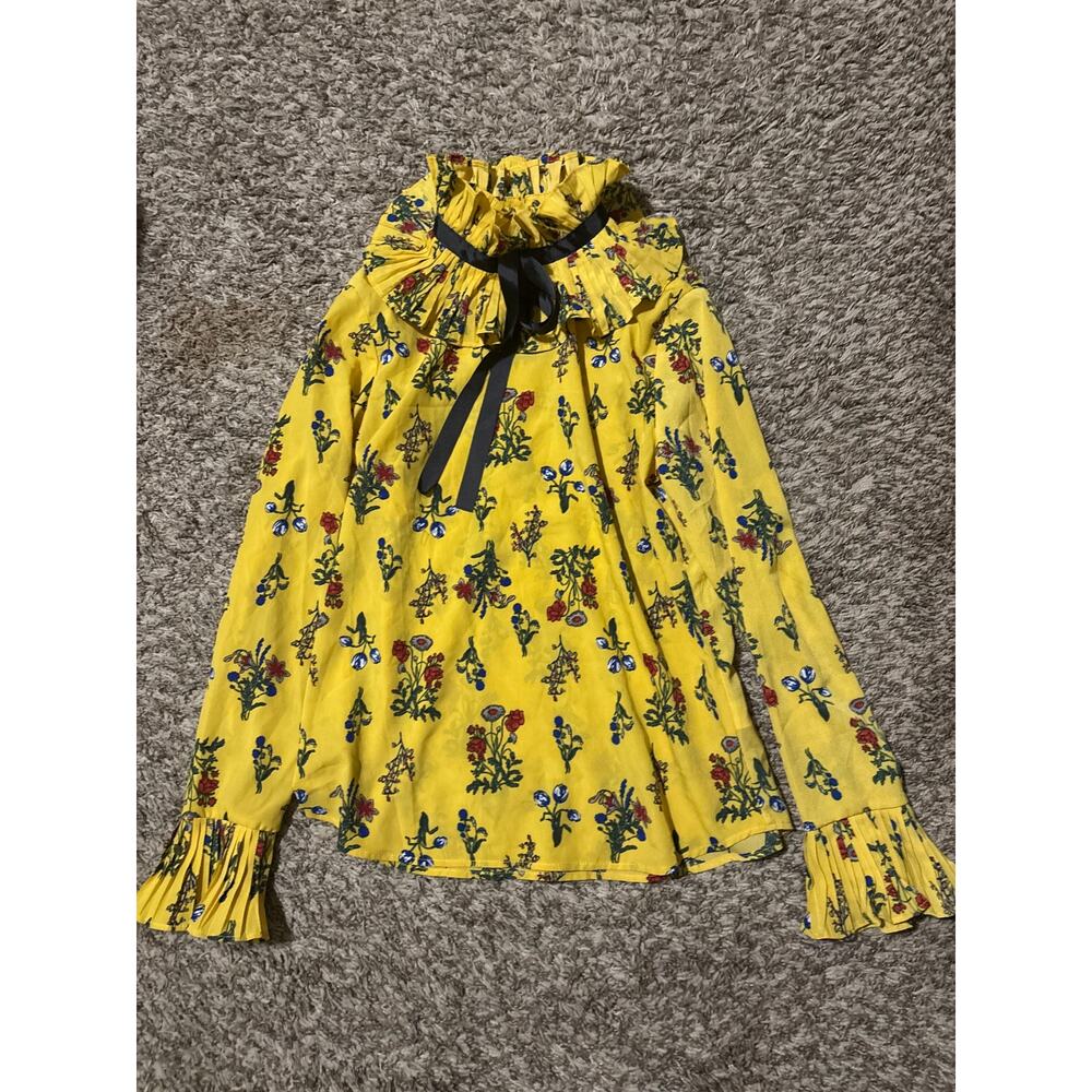 ACME Floral Blouse Long Sleeve yellow Floral Mock Neck M